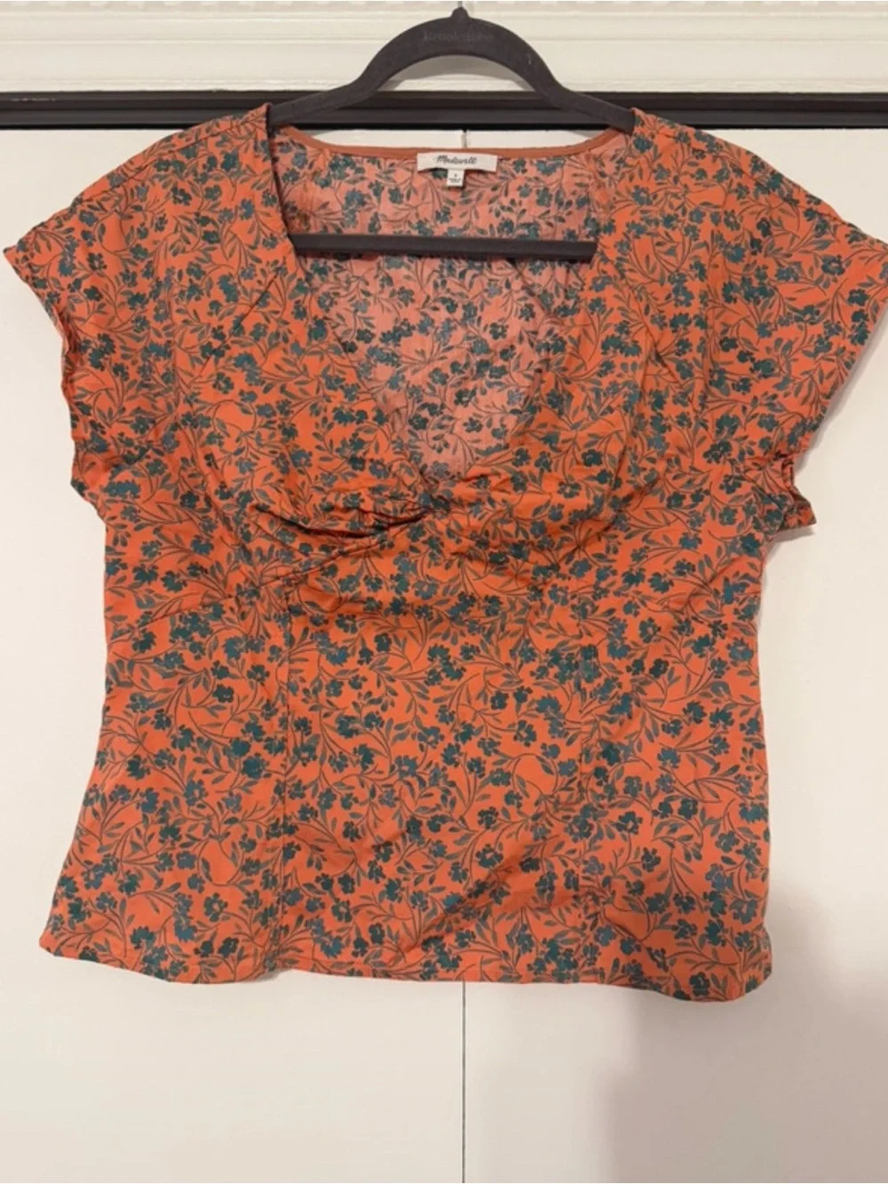 Madewell Burnt Orange Floral Scoop-Neck Cap Sleeve Cotton Blouse